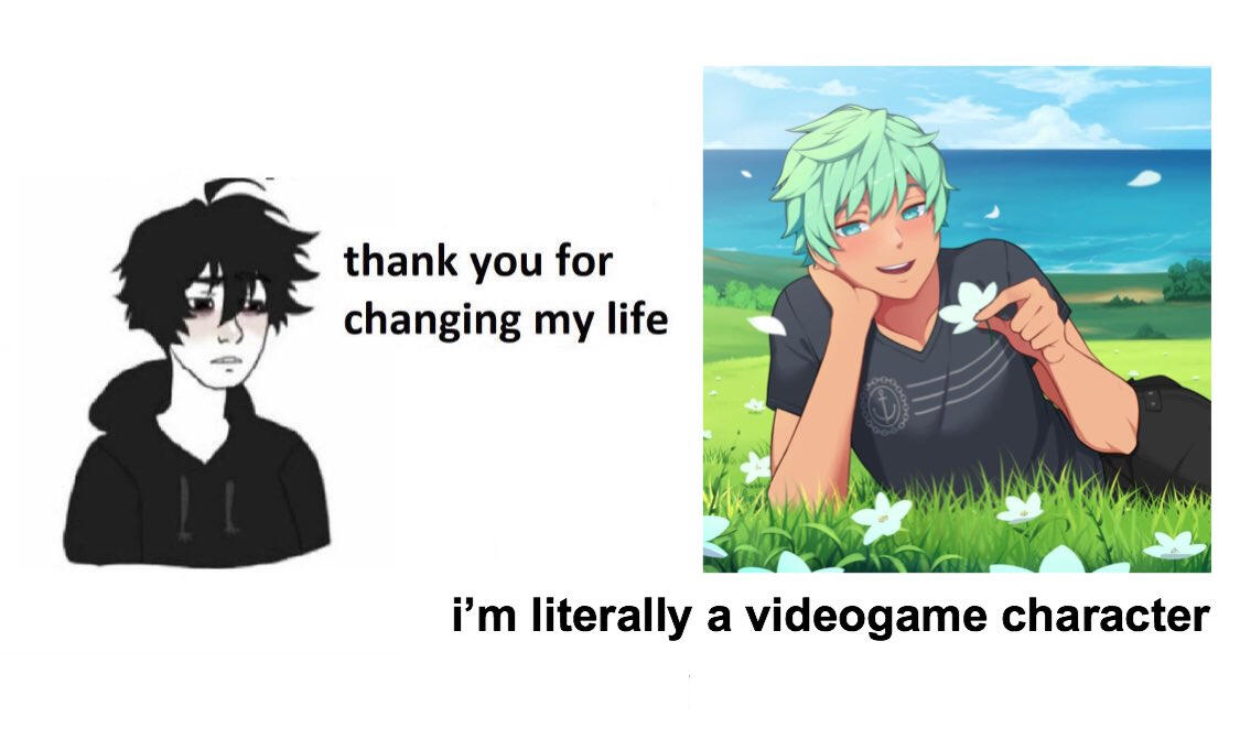 the meme doomer boy says, "thank you for changing my life". a cg of cove holden says, "i'm literally a video game character."